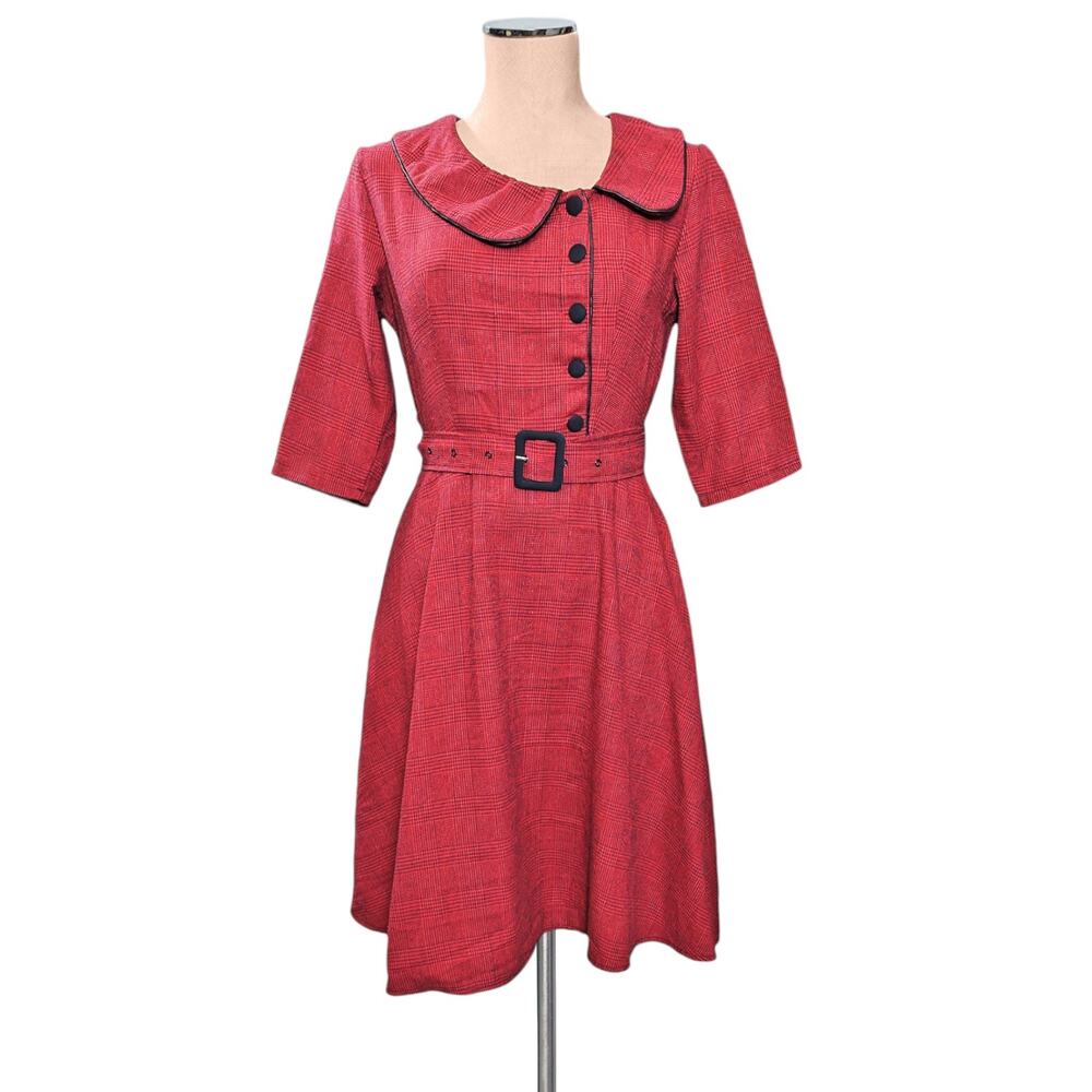 50's 60's DRESSFO Red Black Plaid Pin Up Retro Vintage Style Dress S